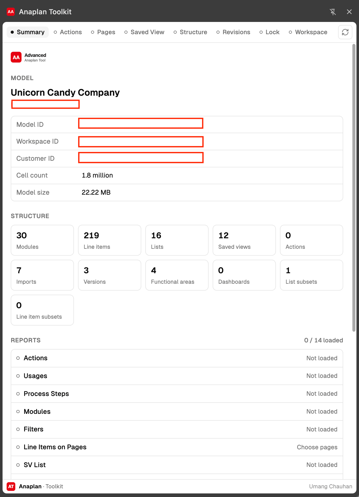 Anaplan Toolkit side panel showing the Model Summary: model IDs, cell count, size, structure counts and the reports still to load